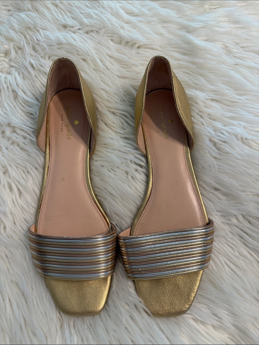 kate spade Gold Metallic D'Orsay Flats with Multicolor Striped Toe size 9M - Picture 1 of 8